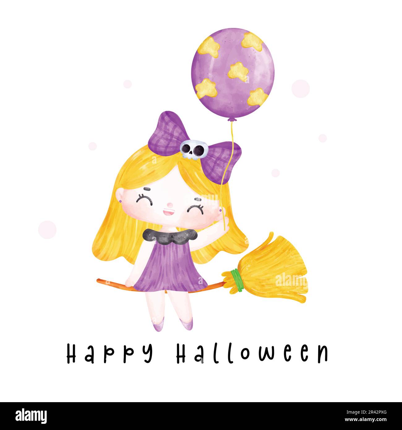 Cute adorabile Halloween sorriso felice strega ragazza sul volando broooststick cartoon watercolor disegno mano Illustrazione Vettoriale