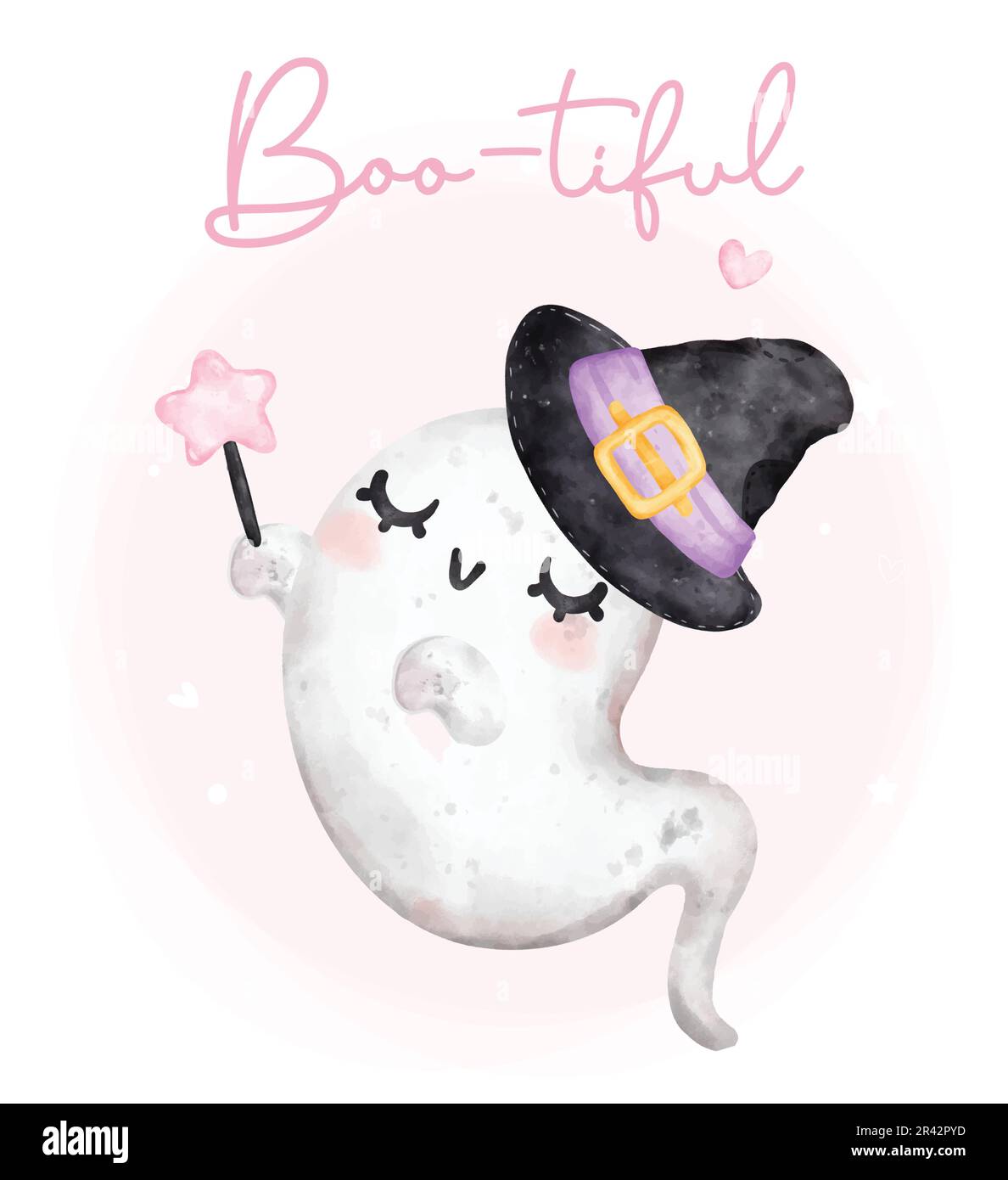 Carino kawaii rosa fantasma hallooween cartone animato bootiful watercolor dipinto a mano vettore Illustrazione Vettoriale