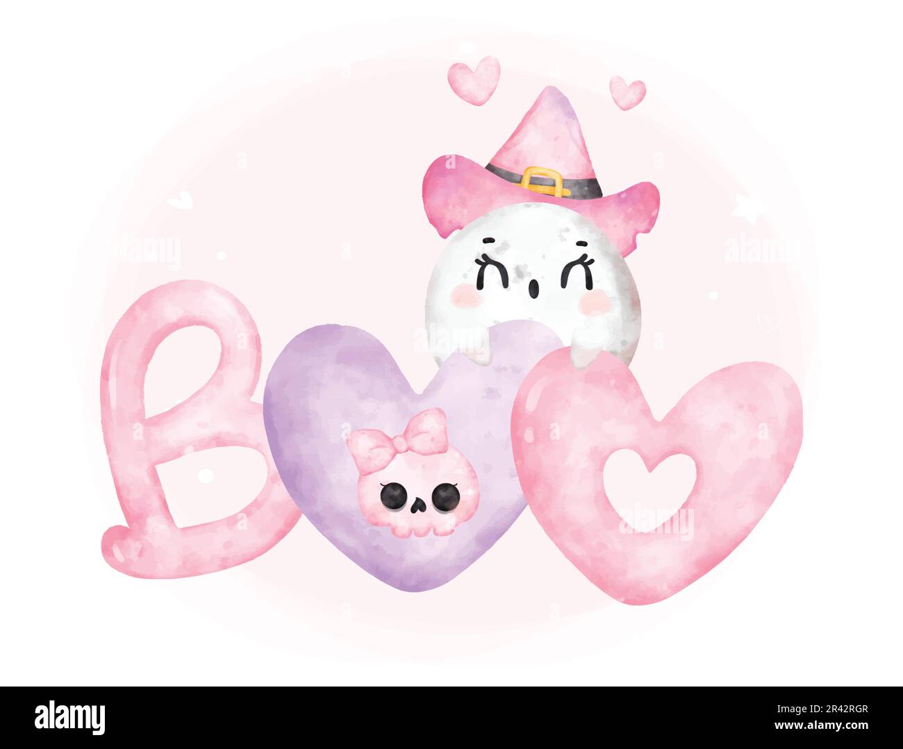 Carino kawaii Boo rosa fantasma hallooween cartone animato bootiful watercolor mano dipinto vettoriale biglietto d'auguri Illustrazione Vettoriale