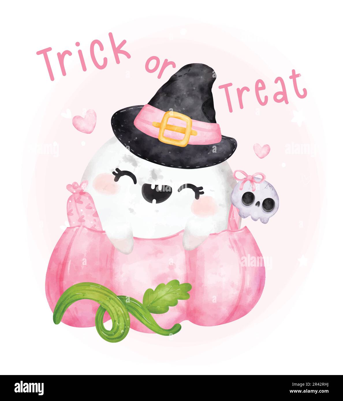 Carino kawaii rosa fantasma bellezza hallooween in zucca rosa felice sorriso cartone animato personaggio bootiful acquerello dipinto a mano vettoriale biglietto d'auguri Illustrazione Vettoriale