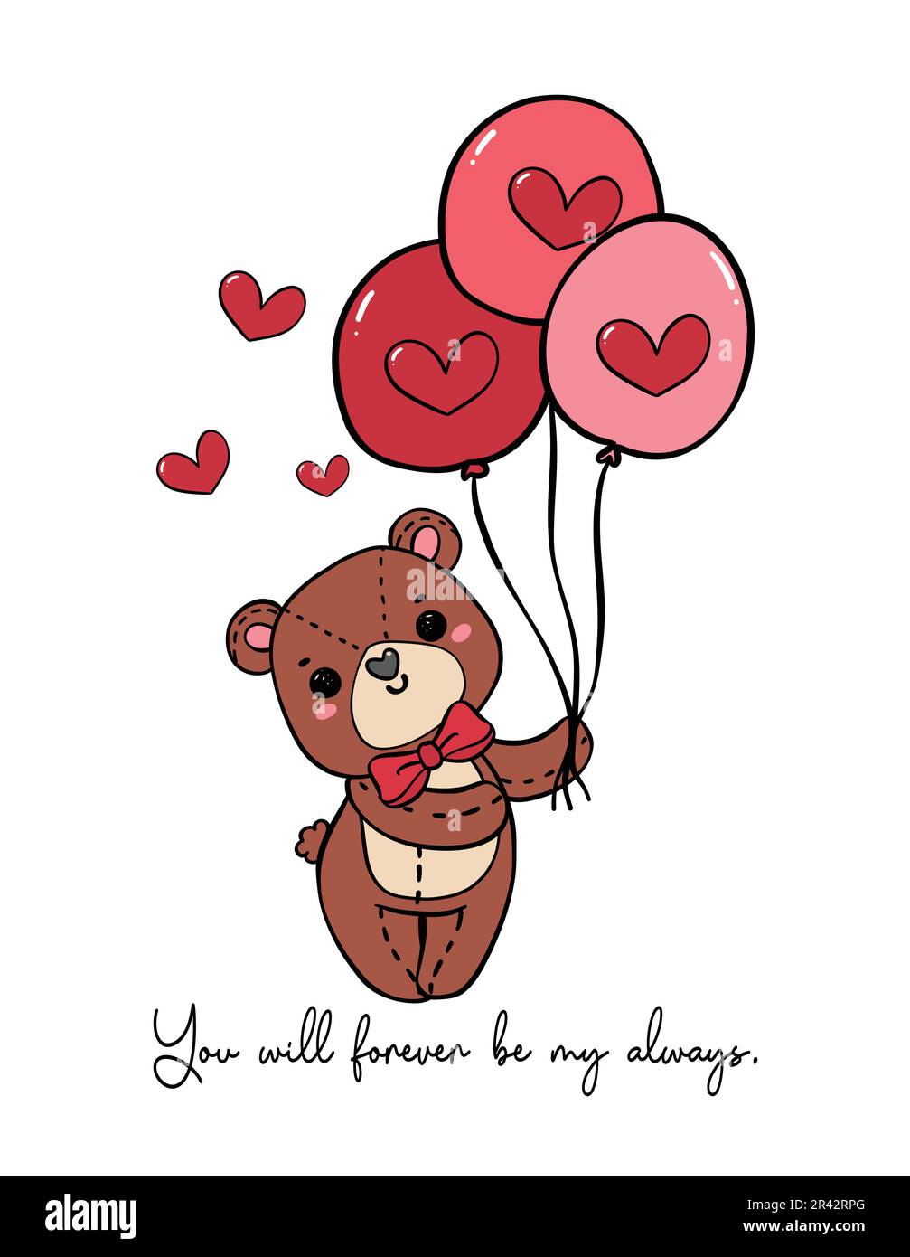 Cute felice sorriso orsacchiotto con arco rosso tenere palloncini doodle mano disegno cartone animato contorno isolato su sfondo bianco Illustrazione Vettoriale