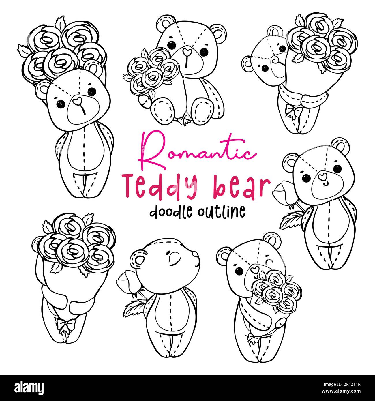 Carino romantico orsacchiotto di San Valentino con bouquet rose doodle disegno mano cartone animato contorno carattere per la pagina da colorare isolato su sfondo bianco Illustrazione Vettoriale