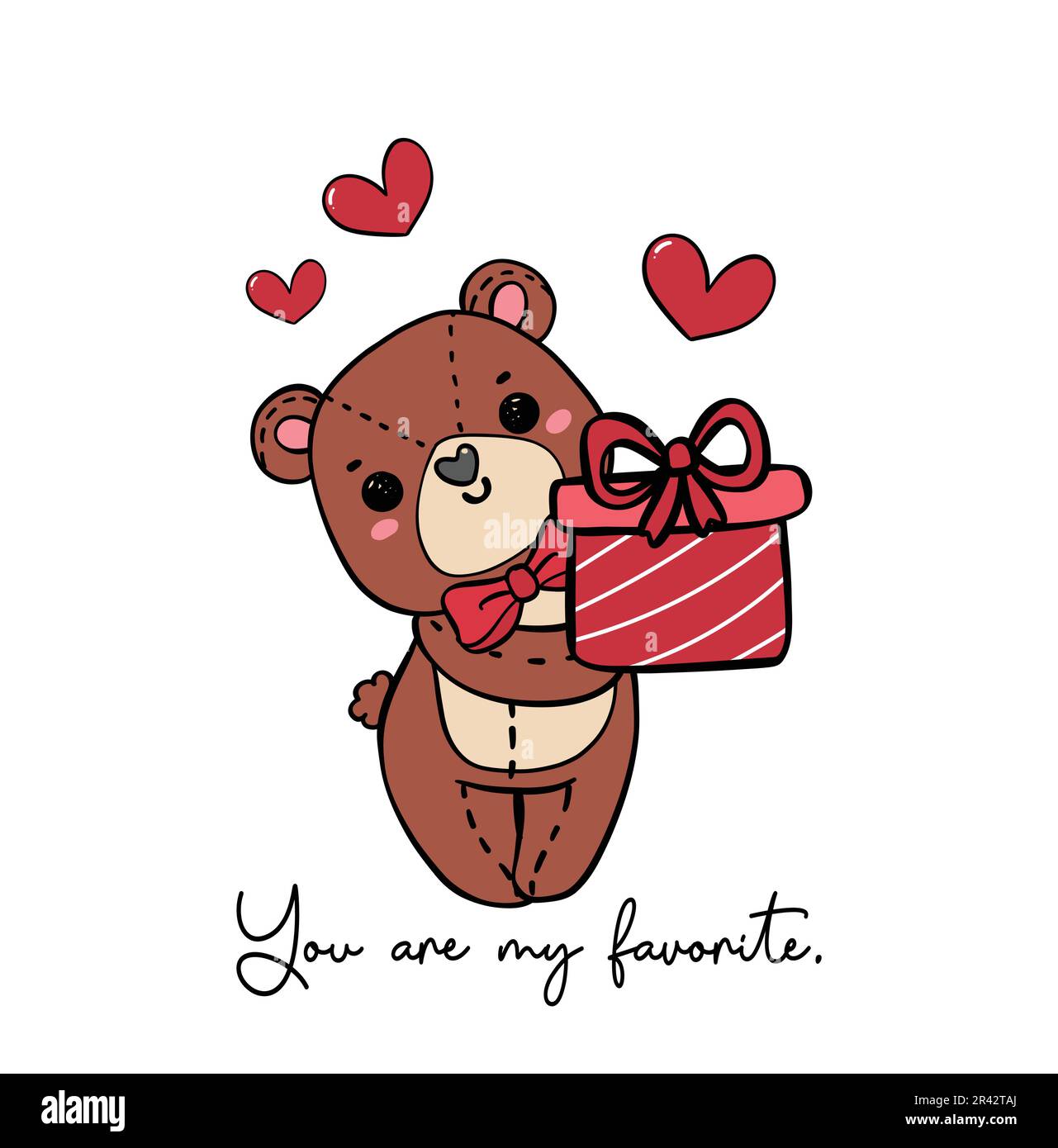 Cute innocence sorriso orsacchiotto con arco rosso tenere confezione regalo doodle mano disegno cartone animato contorno isolato su sfondo bianco Illustrazione Vettoriale