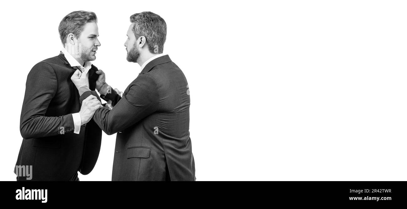 Uomo faccia ritratto, banner con spazio copia. Uomini d'affari che parlano e discutono di conflitto. Capo e dipendente. Uomini discordanti partner. Foto Stock