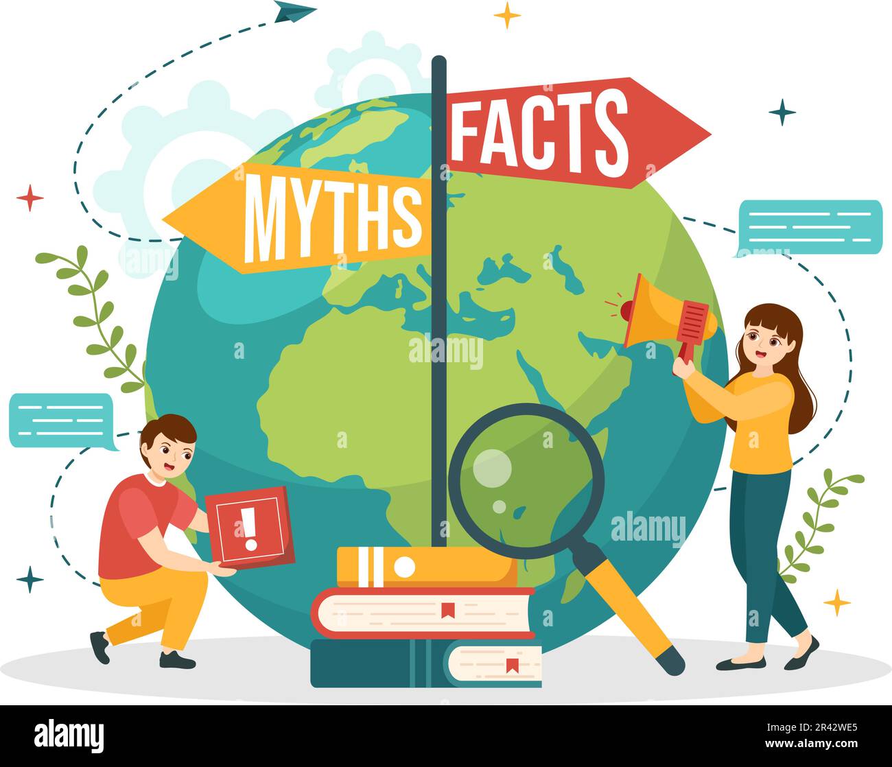 Illustrazione vettoriale del controllo dei fatti con miti vs Notizie dei fatti per il controllo approfondito o il confronto delle prove in modelli di landing page disegnati a mano su cartoon piano Illustrazione Vettoriale