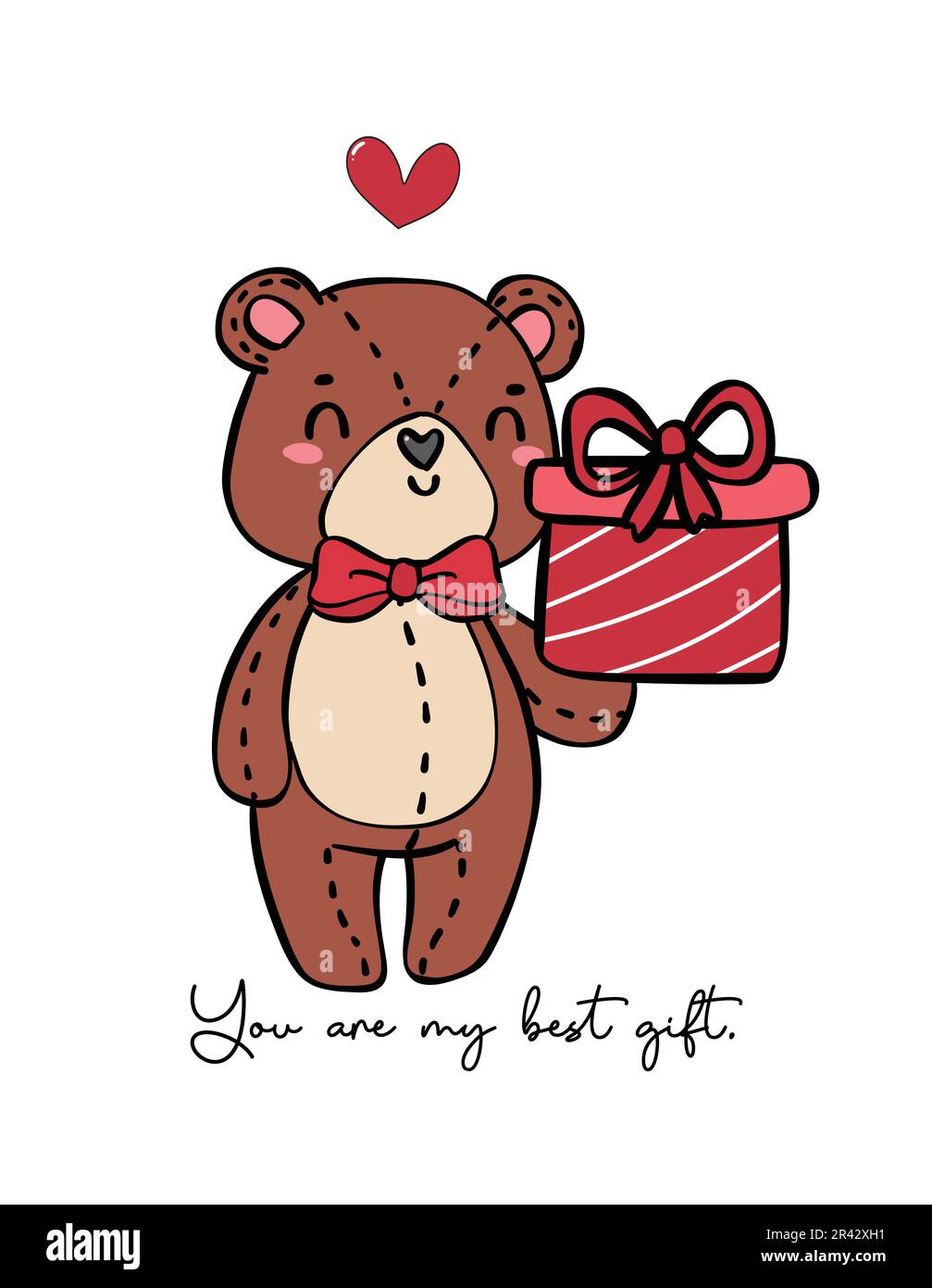 Carino romantico orsacchiotto indossa rosso arco tenere confezione regalo doodle mano disegno cartone animato contorno isolato su sfondo bianco Illustrazione Vettoriale