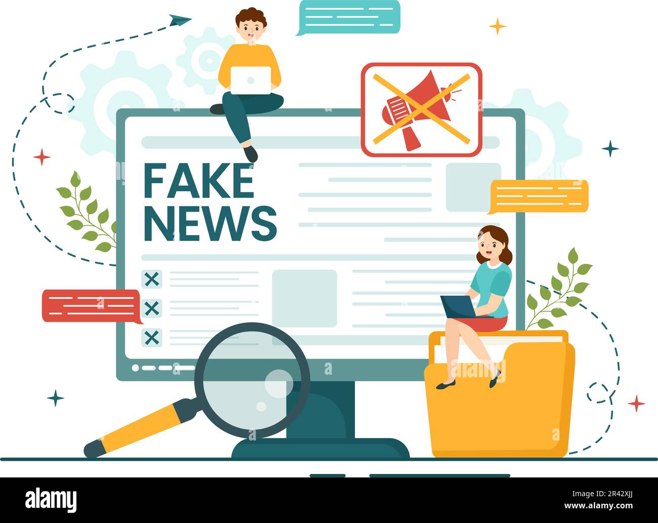 Illustrazione vettoriale del controllo dei fatti con miti vs Notizie dei fatti per il controllo approfondito o il confronto delle prove in modelli di landing page disegnati a mano su cartoon piano Illustrazione Vettoriale