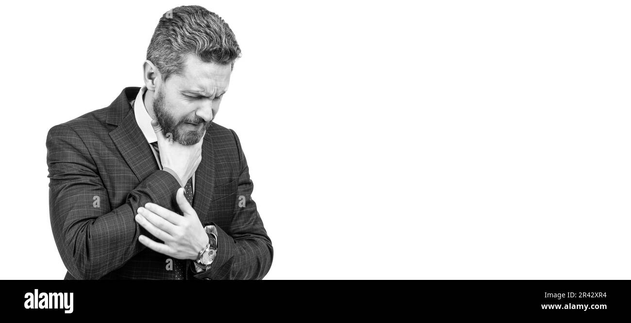 Ritratto del volto uomo, banner con spazio per la copia. Direttore malsano in vestito tenere il collo che soffre di mal di gola isolato su bianco, tonsillite. Foto Stock
