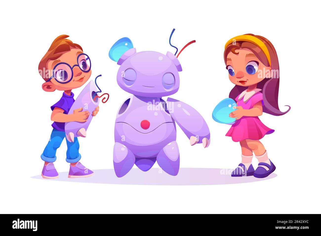 Kid ai robot sviluppo e scienza studio vettore illustrazione. Set di attività per bambini del workshop di formazione e ingegneria informatica. Ragazzo e ragazza costruiscono o rompono il robot carino Illustrazione Vettoriale