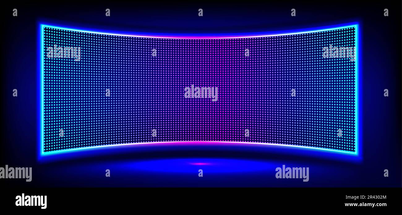 Schermo a LED concavo realistico a parete o sul palco. Illustrazione vettoriale di un ampio display TV con luci al neon blu e puntini viola su sfondo nero. Pannello di punteggio digitale con lampade a diodi per lo stadio Illustrazione Vettoriale