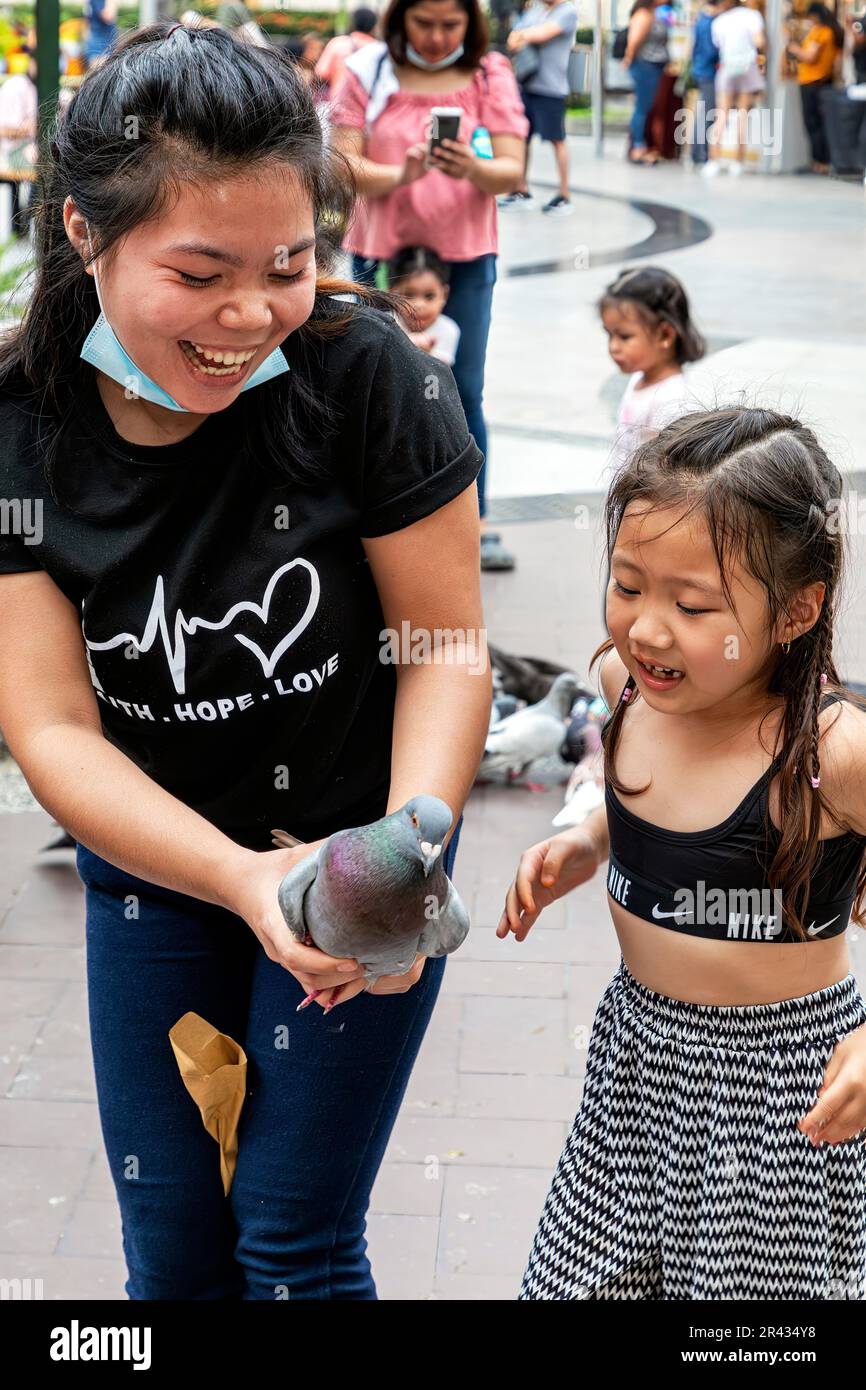 Nutrire i piccioni in Piazza, Venice Grand Canal Mall, Taguig City, Manila, Filippine Foto Stock
