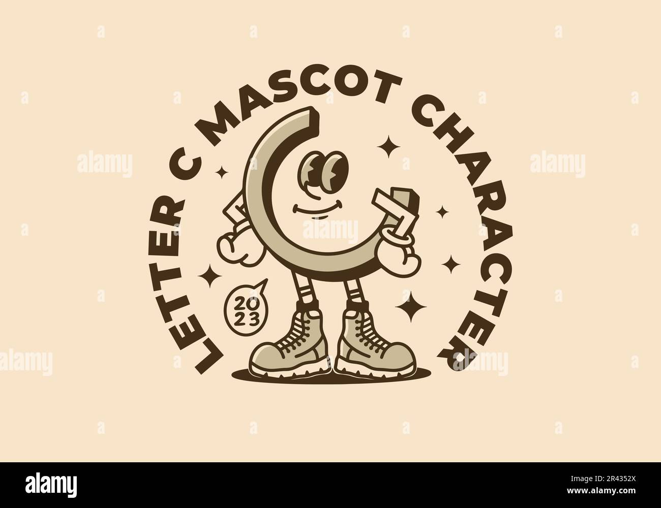 Disegno di illustrazione di carattere mascot di una lettera C in uno stile increspato Illustrazione Vettoriale
