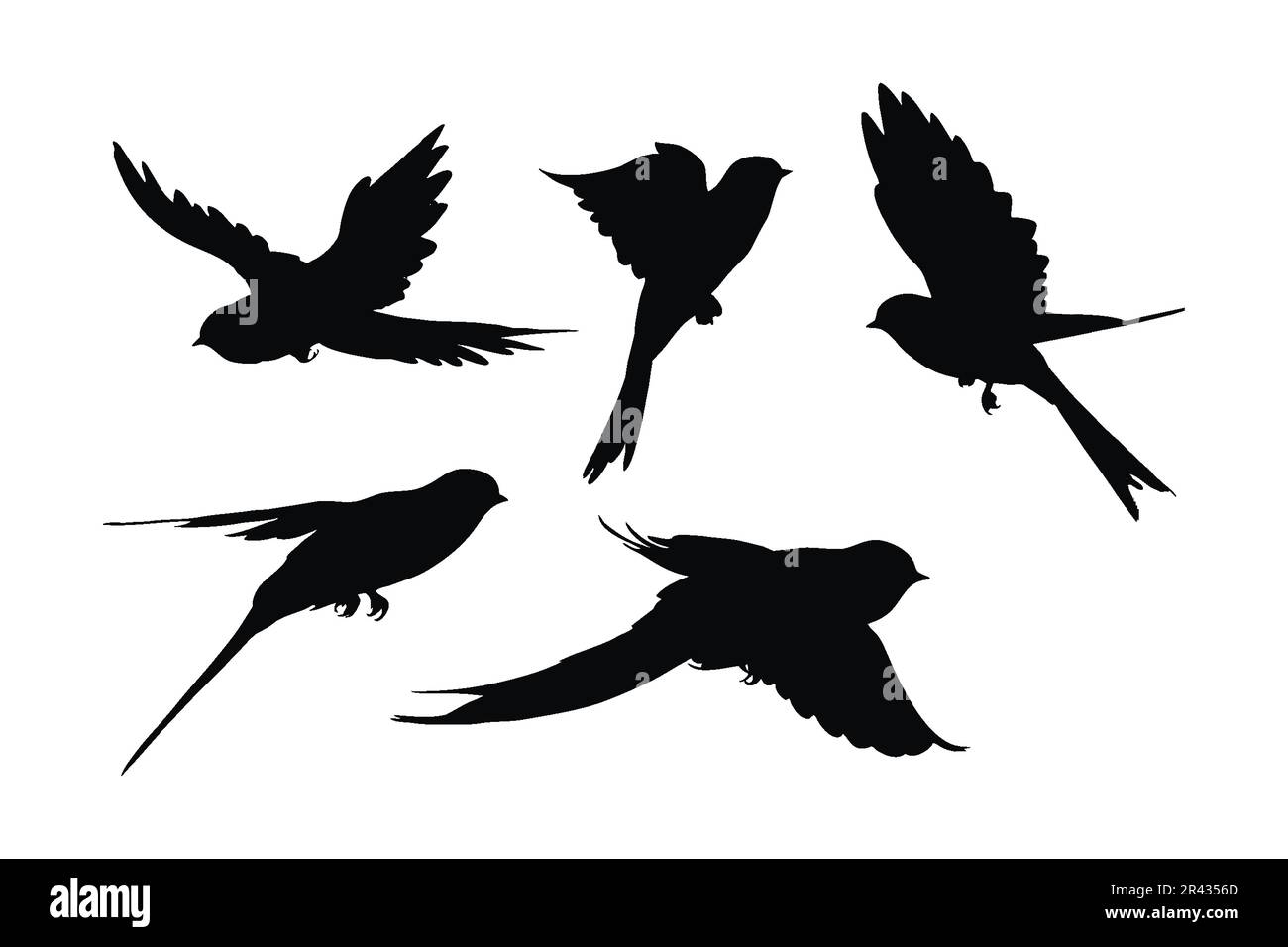 Design a fascio di silhouette volanti Swallows. Disegno vettoriale Wild Swallows su sfondo bianco. Splendido vettore di silhouette volanti per uccelli. uccello piccolo i Illustrazione Vettoriale