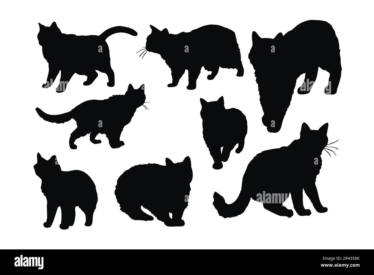 Carino gatto silhouette pacchetto vettore in diverse posizioni. Gatto che cammina in stili diversi. Carino disegno del vettore domestico del gatto su uno sfondo bianco. Felino s Illustrazione Vettoriale