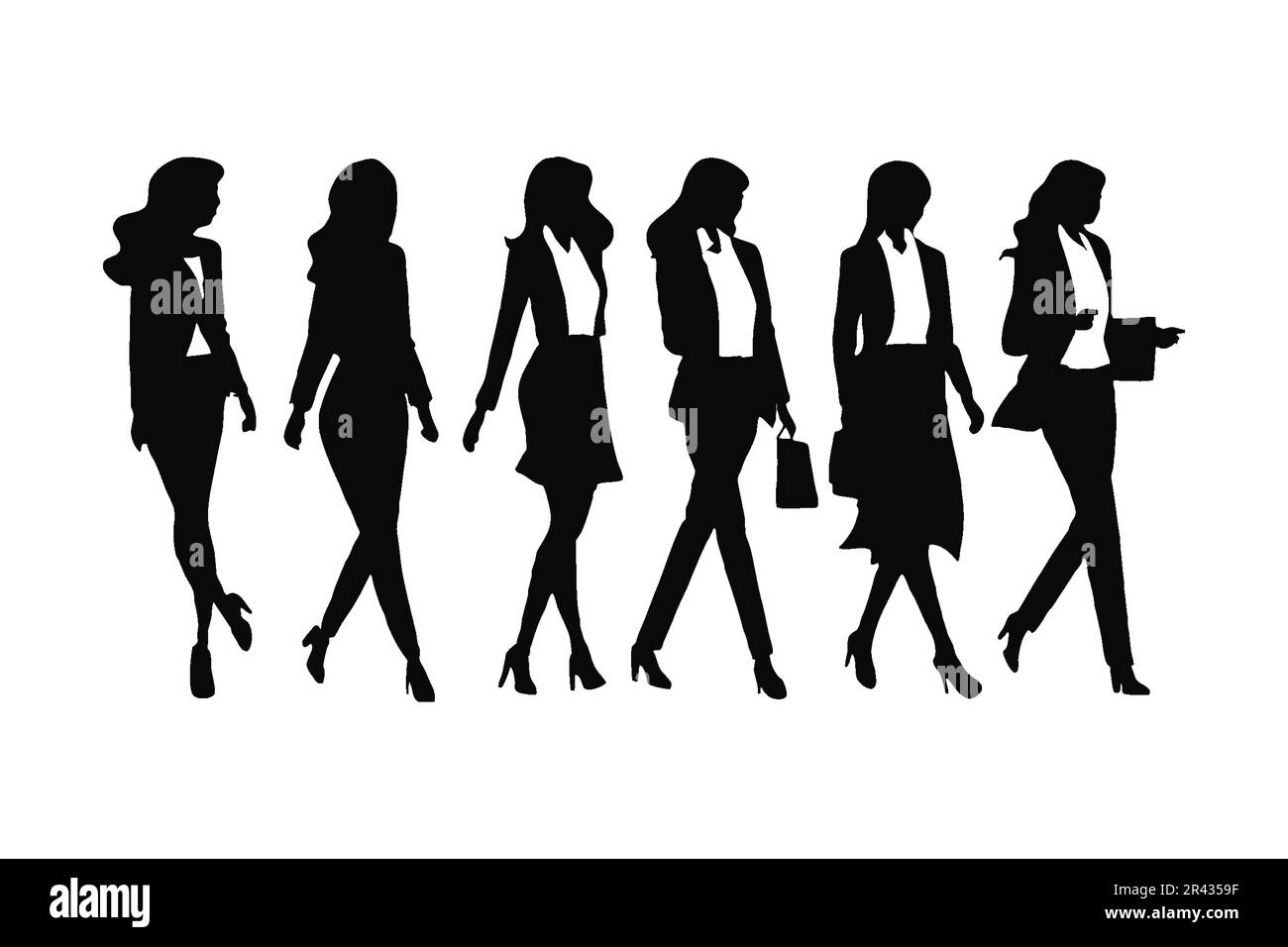 Vettore set di silhouette per contabile femminile e dipendente dell'ufficio. Businesswomen silhouette fascio in piedi in diverse posizioni. Moderno modello femminile coll Illustrazione Vettoriale