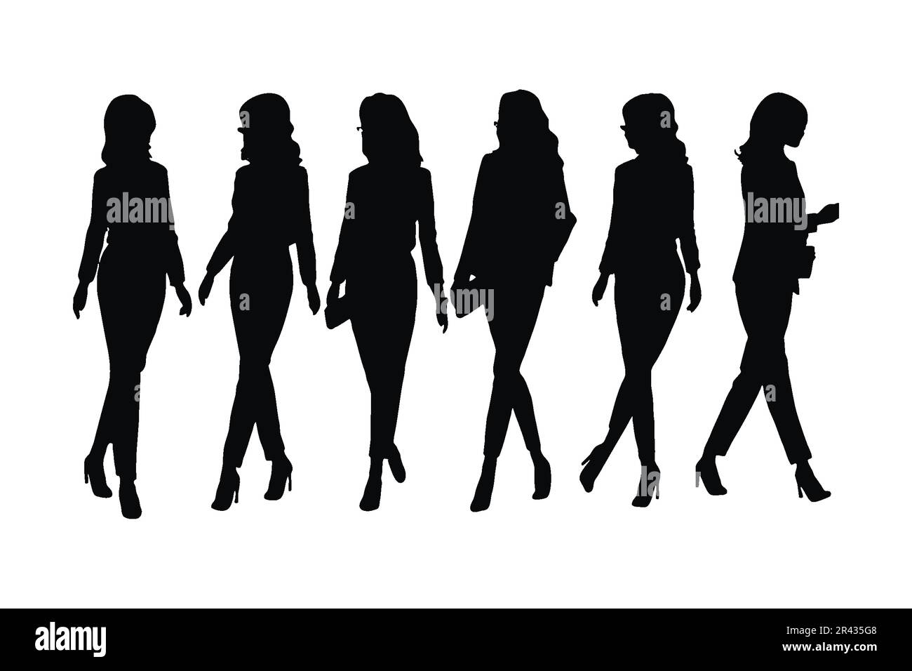 Elegante modello femminile silhouette che si posiziona in piedi e in piedi in diverse posizioni. Modello femminile anonimo e collezione dipendenti ufficio su una schiena bianca Illustrazione Vettoriale