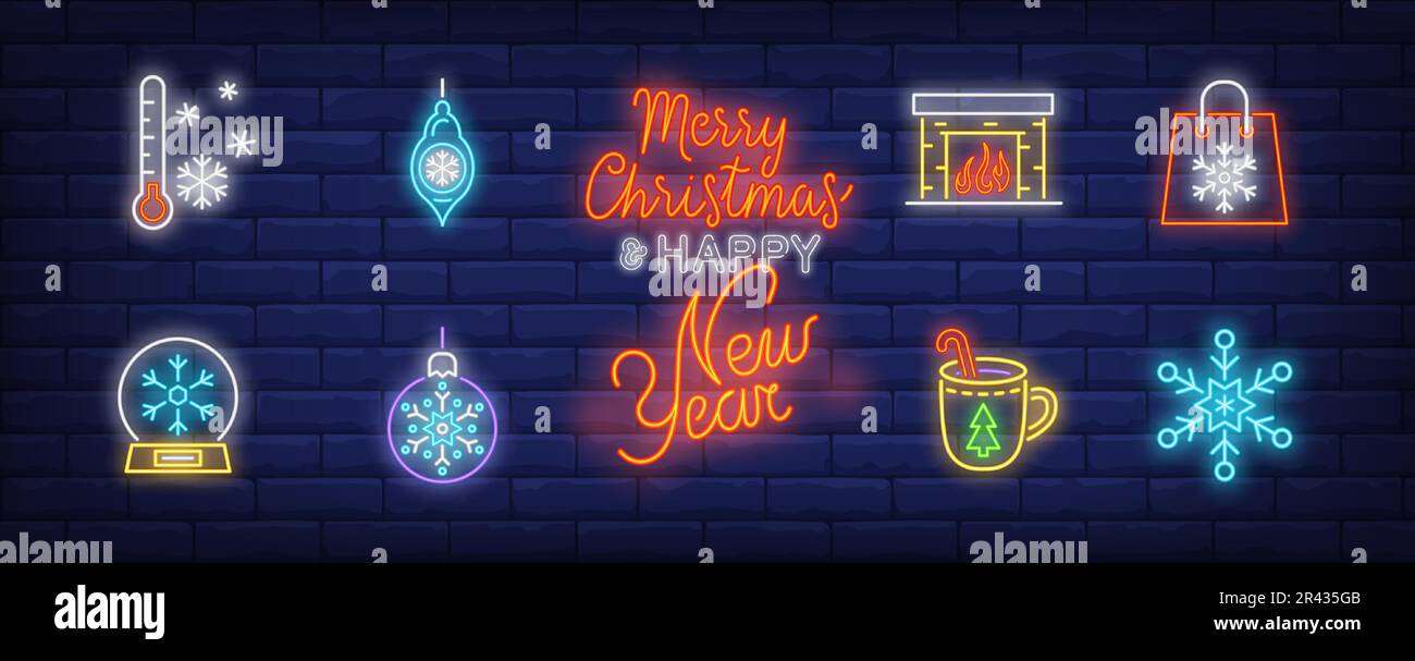 Set di cartelli al neon invernali Illustrazione Vettoriale