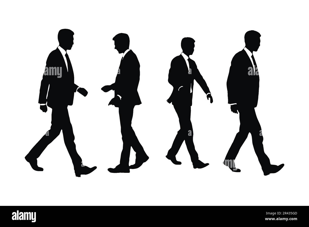 Gli uomini d'affari anonimi impostano vettori, indossando abiti e stando in piedi in posizioni diverse. Pacchetto vettoriale silhouette dipendente ufficio. Profilo modello maschio Illustrazione Vettoriale