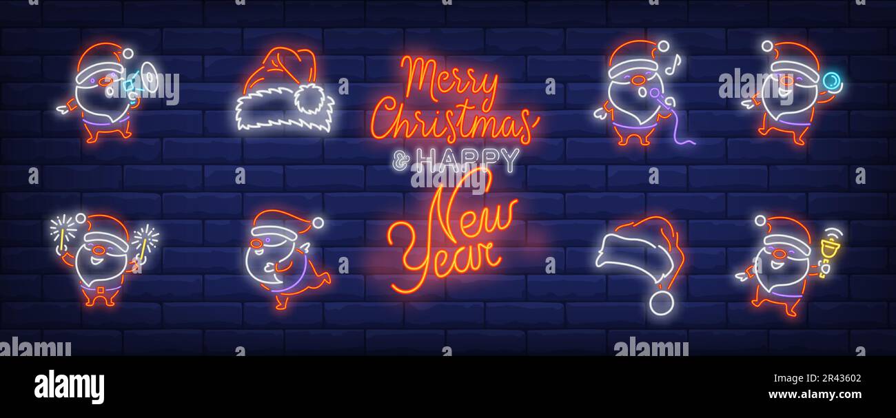 Babbo Natale festeggia il set di segni al neon di Natale Illustrazione Vettoriale