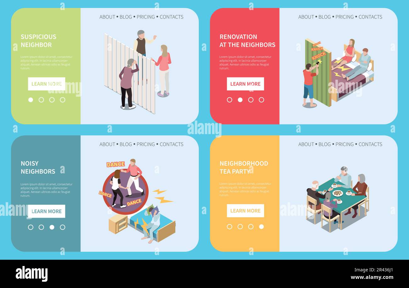 Neighbors Isometric banner set con buone e cattive scene di quartiere isolato illustrazione vettoriale Illustrazione Vettoriale