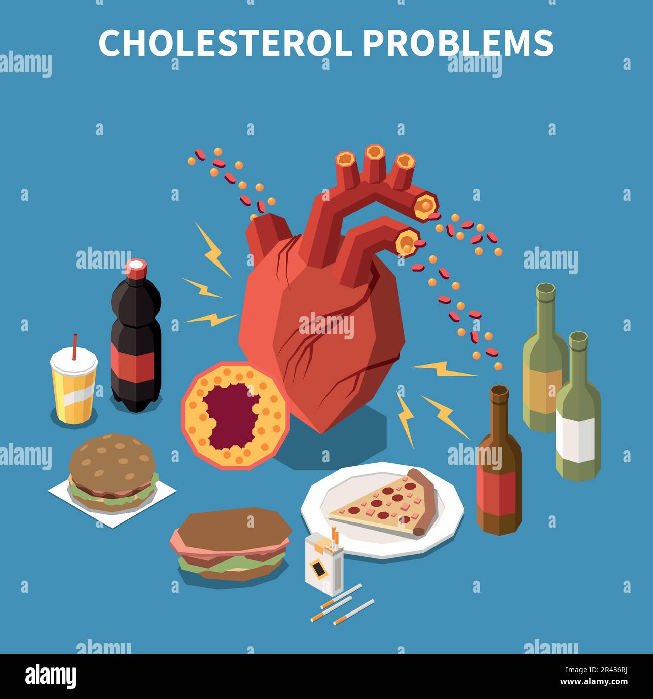Problemi di colesterolo concetto isometrico con buona e cattiva illustrazione vettore di prodotti grassi Illustrazione Vettoriale