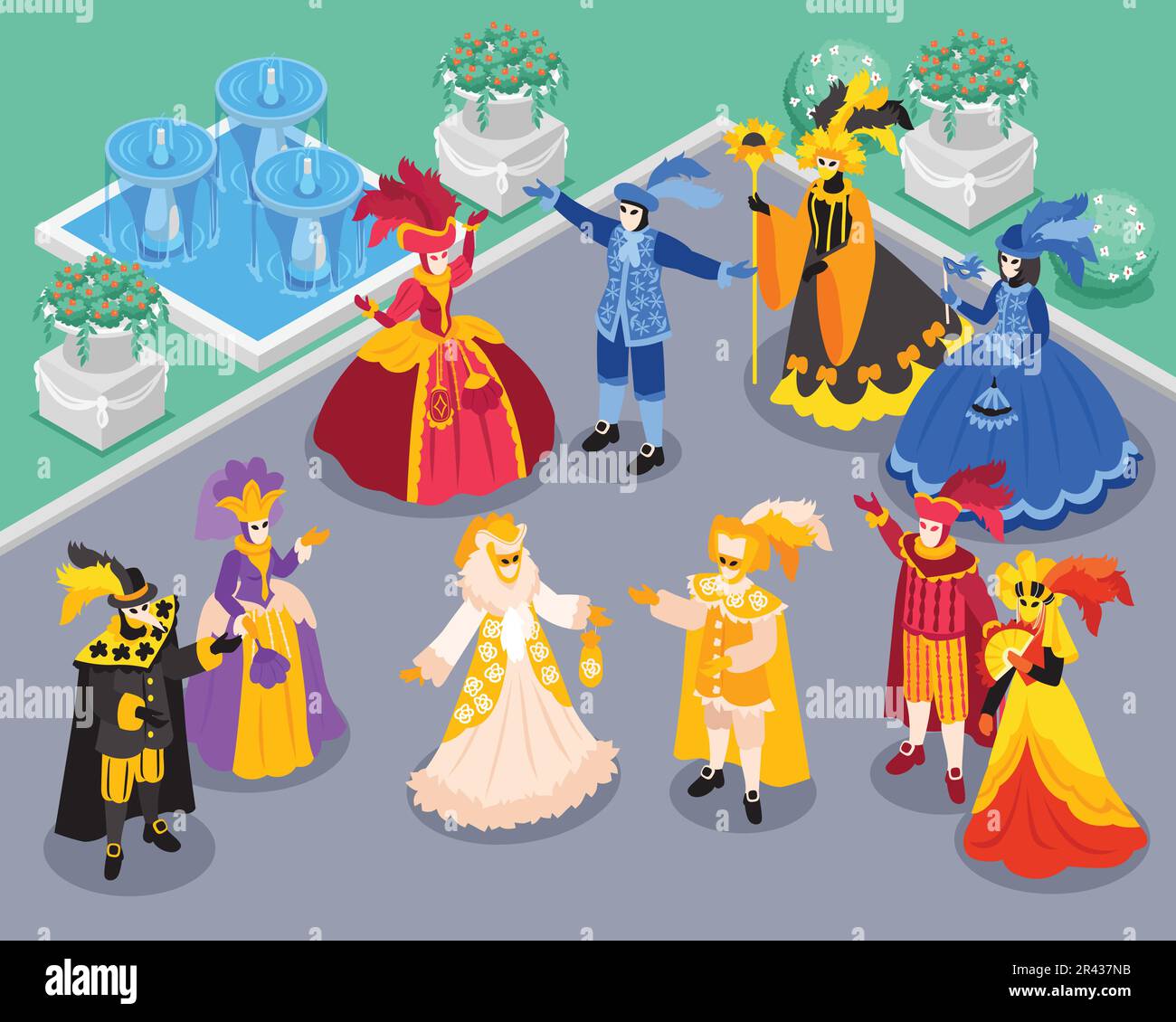 Costumi isometrici veneziani composizione carnevale con scenario all'aperto del parco medievale con fontane e personaggi alla moda illustrazione vettoriale Illustrazione Vettoriale