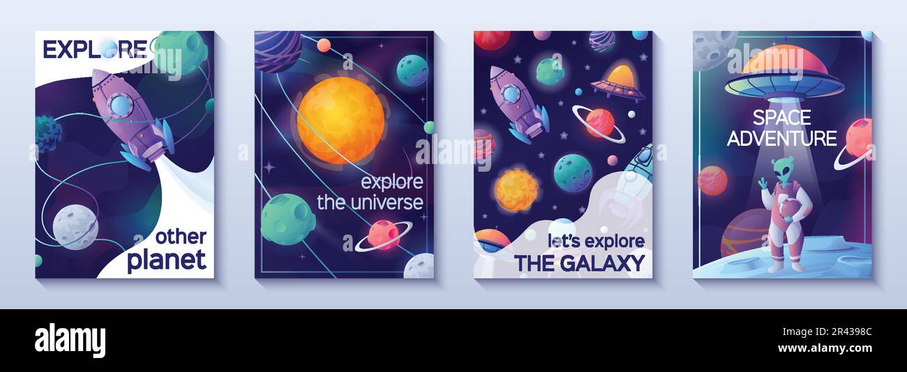 Banner cartoni animati spaziali Set di quattro poster verticali con testo che esplora l'universo e le immagini di avventura spaziale illustrazione vettoriale Illustrazione Vettoriale