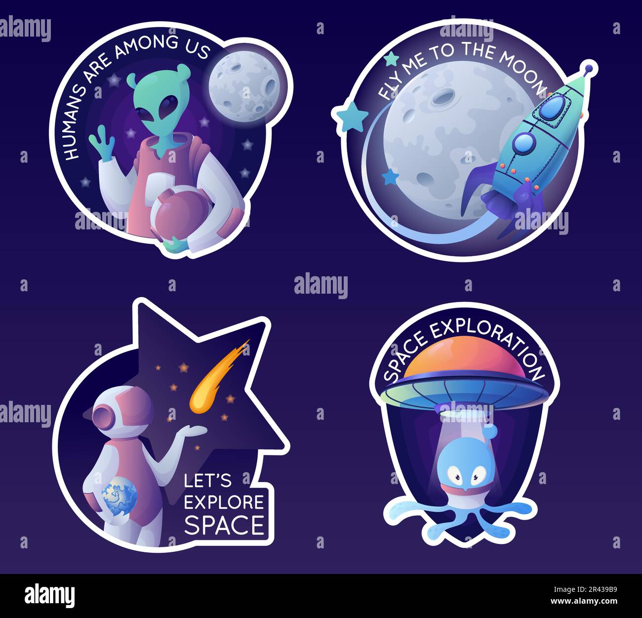 Emblemi di cartoni animati spaziali con composizioni isolate di astronavi e immagini alieni con testo vettoriale Illustrazione Vettoriale