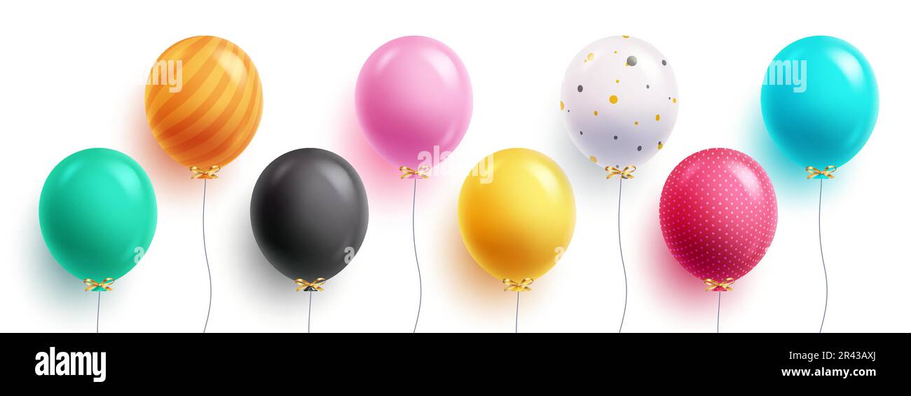I palloncini di compleanno impostano il disegno vettoriale. Festa di compleanno balloon collezione isolato su sfondo bianco. Illustrazione vettoriale elementi gonfiabili. Illustrazione Vettoriale