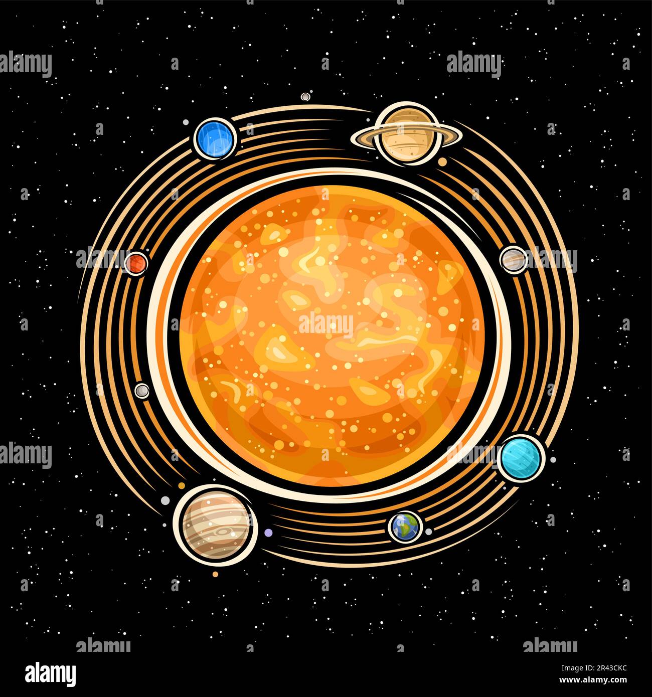 Logo vettoriale per Solar System, stampa fantasy decorativa con sole stella arancione, pianeti rotanti del sistema solare e molte lune, segno cosmo rotondo con er Illustrazione Vettoriale