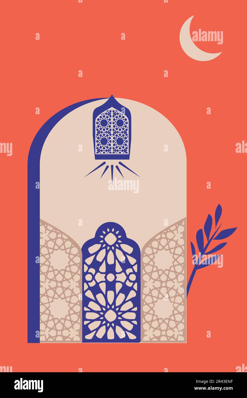 Minimalista e di stile islamico. Scena marocchina. Un palazzo marocchino, porte, finestre e artigianato tradizionale. Illustrazione vettoriale. Illustrazione Vettoriale