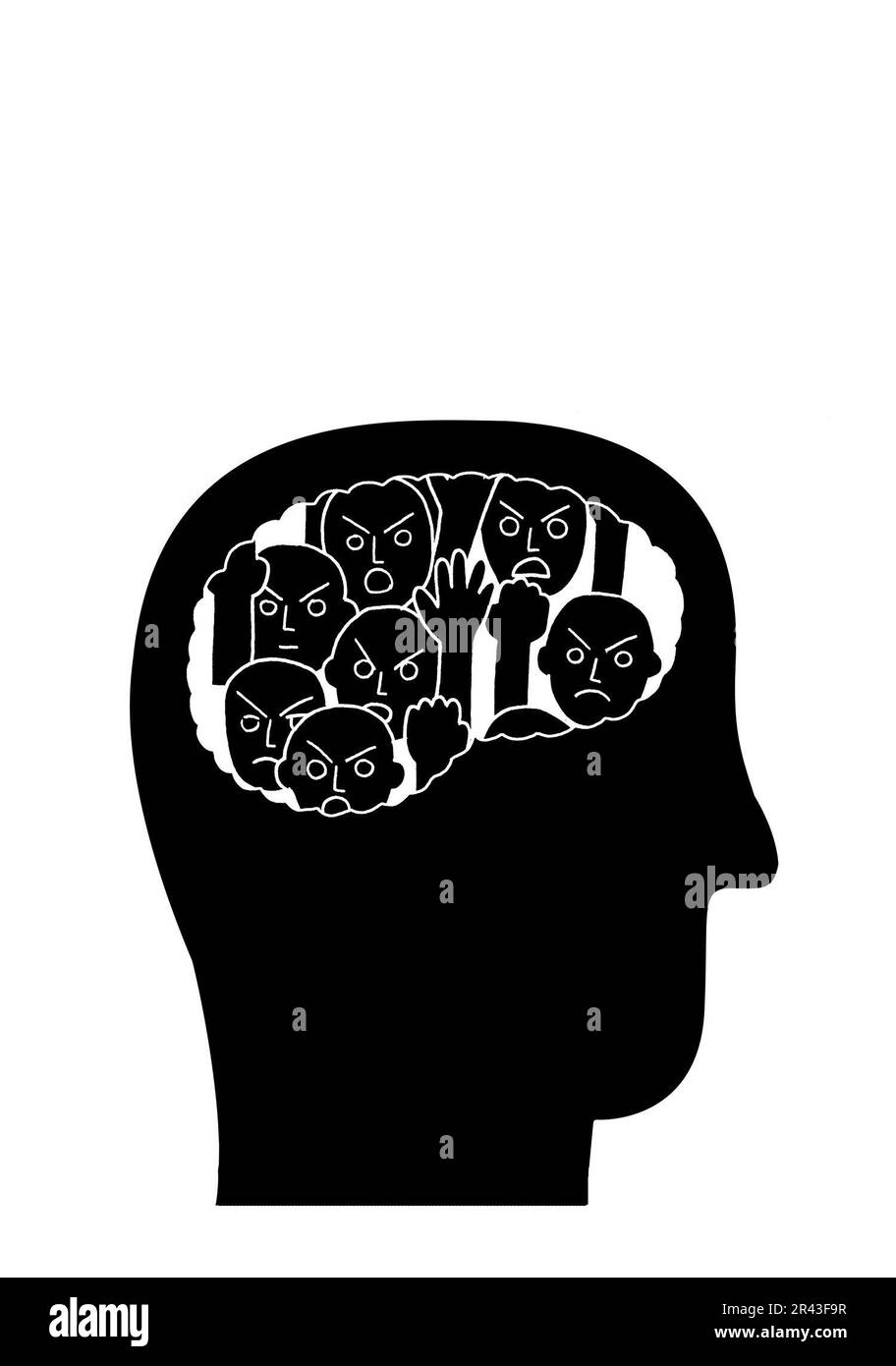 Illustrazione in bianco e nero di una folla arrabbiata sovrapposta al cervello Foto Stock