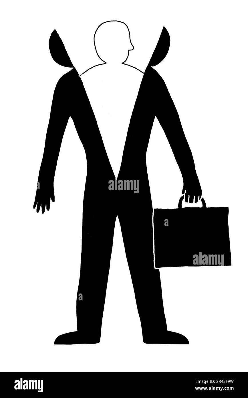 Illustrazione in bianco e nero di un uomo emergente da un uomo d'affari che tiene una valigetta Foto Stock