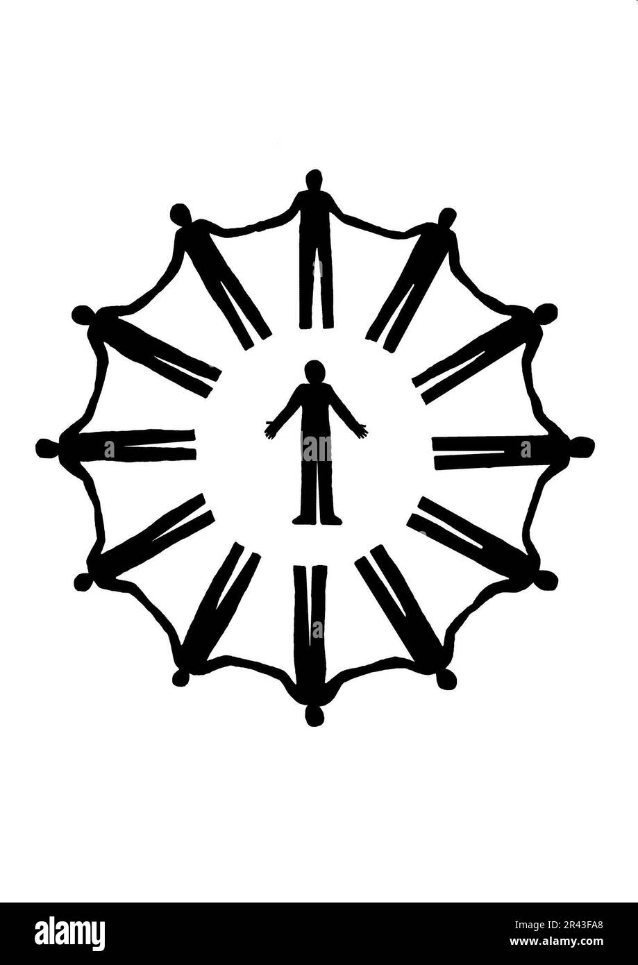 Illustrazione in bianco e nero di un singolo uomo circondato da un gruppo di uomini Foto Stock