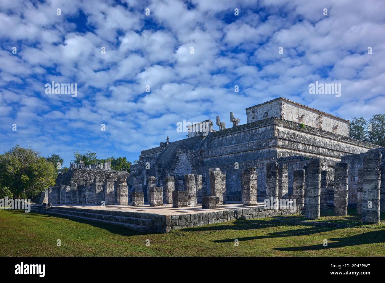 Rovine della piramide di Chichén Itzá, Templo de los guerreros, con cielo blu e nuvole bianche, Yucatán in Messico. Viaggiare in America centrale. Storia Maya in Foto Stock