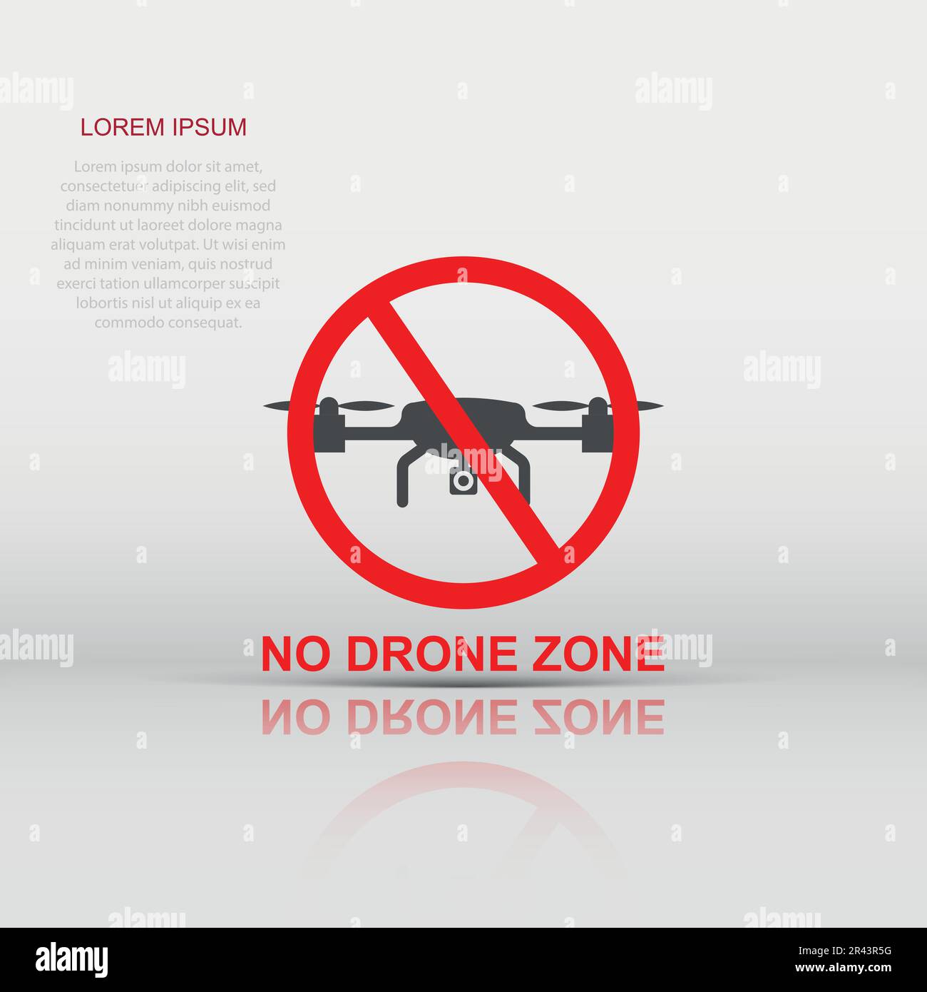 Nessuna zona di drone segno icona in stile appartamento. Divieto Quadrocopter illustrazione vettoriale bianco su sfondo isolato. Elicottero volo proibita la concezione di business Illustrazione Vettoriale