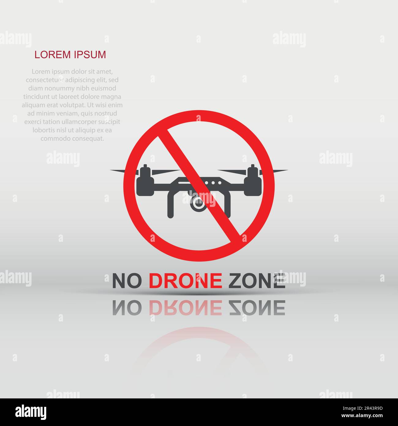 Nessuna zona di drone segno icona in stile appartamento. Divieto Quadrocopter illustrazione vettoriale bianco su sfondo isolato. Elicottero volo proibita la concezione di business Illustrazione Vettoriale