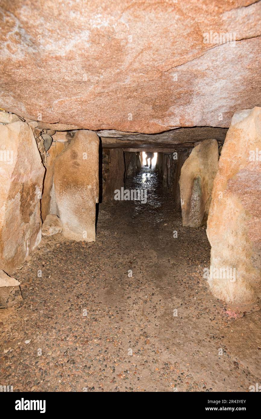 All'interno della tomba di passaggio neolitica di 6.000 anni, e sotto l'enorme tumulo di terra, a la Hougue Bie, Jersey, Isole del canale. Foto Stock