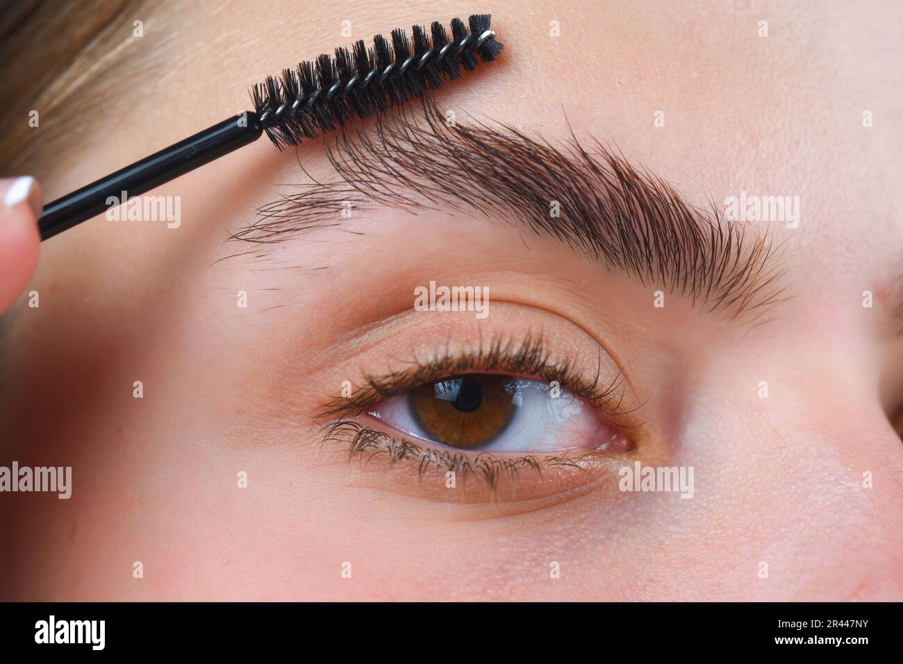 Sopracciglia perfetta. Primo piano della donna che ottiene il make-up del  sopracciglio. Macro applicare cosmetici sul sopracciglio con pennello.  Forma perfetta delle sopracciglia, marrone Foto stock - Alamy