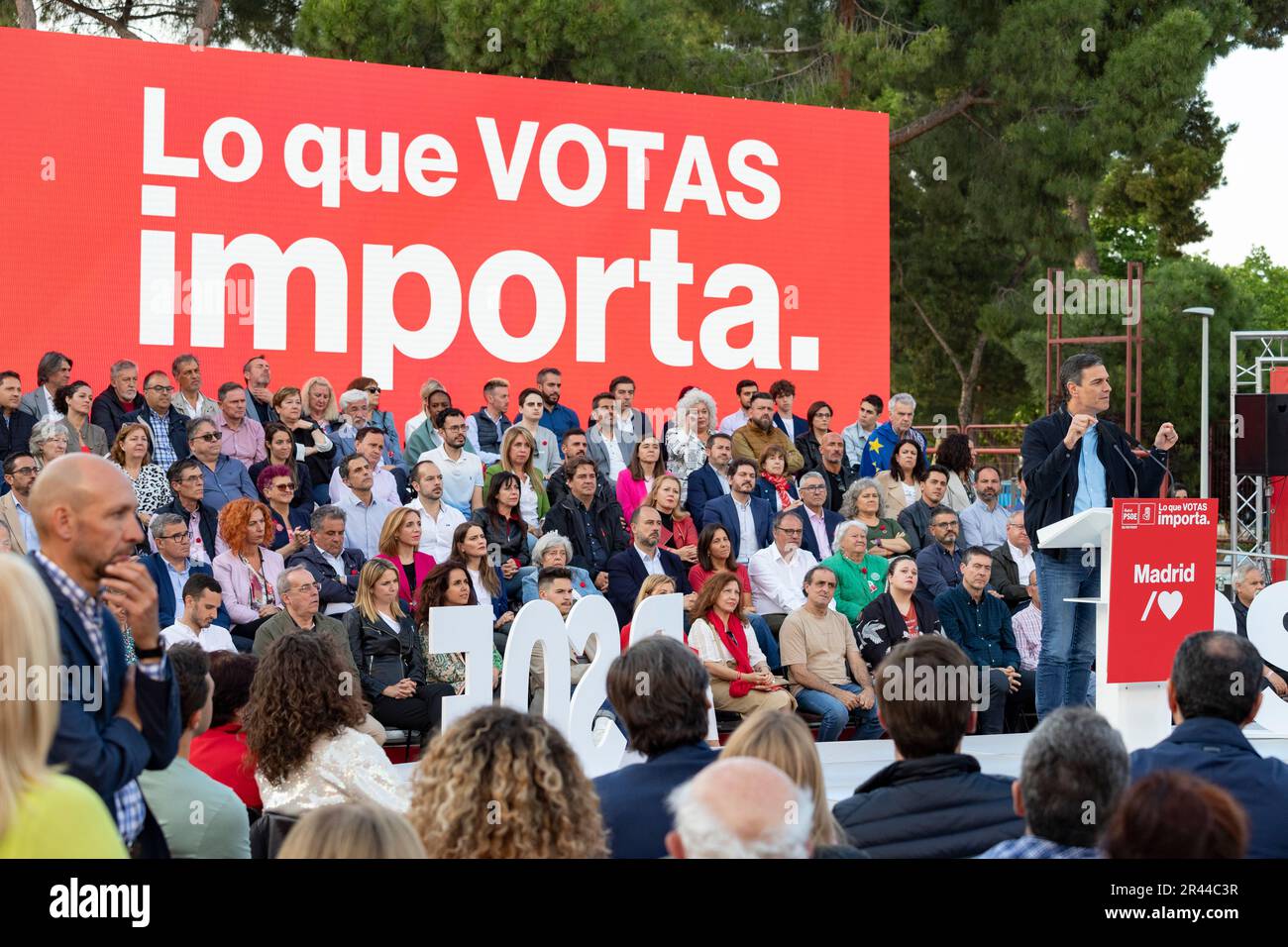 Pedro Sanchez Perez-Castejon. Azione massiccia del PSOE. Presidente della Spagna in un raduno politico. MADRID, SPAGNA - 25 MAGGIO 2023. Foto Stock