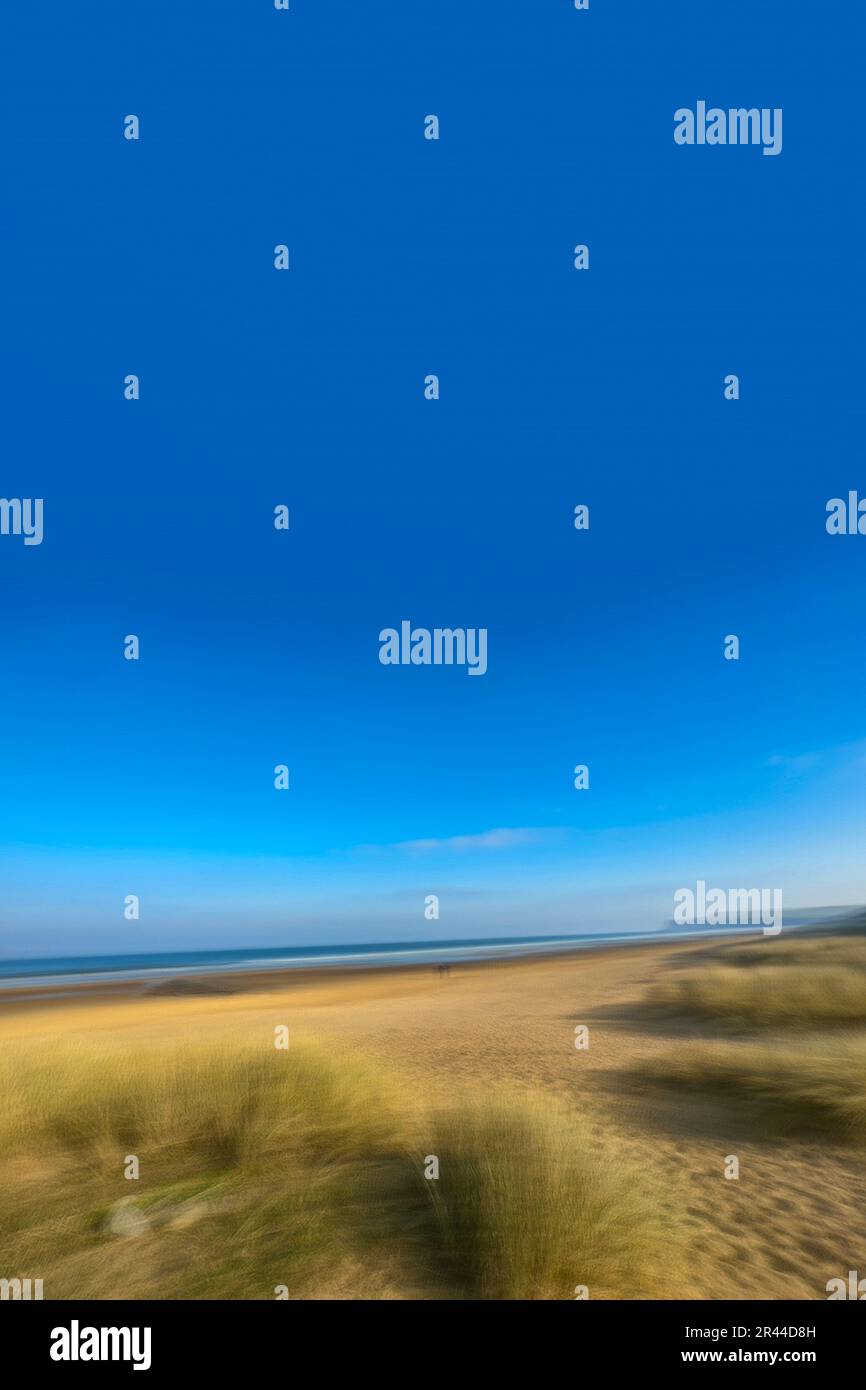 immagine intenzionale del movimento di una macchina fotografica di erba di marramma nelle dune su una spiaggia sabbiosa a marske, north yorkshire, regno unito Foto Stock