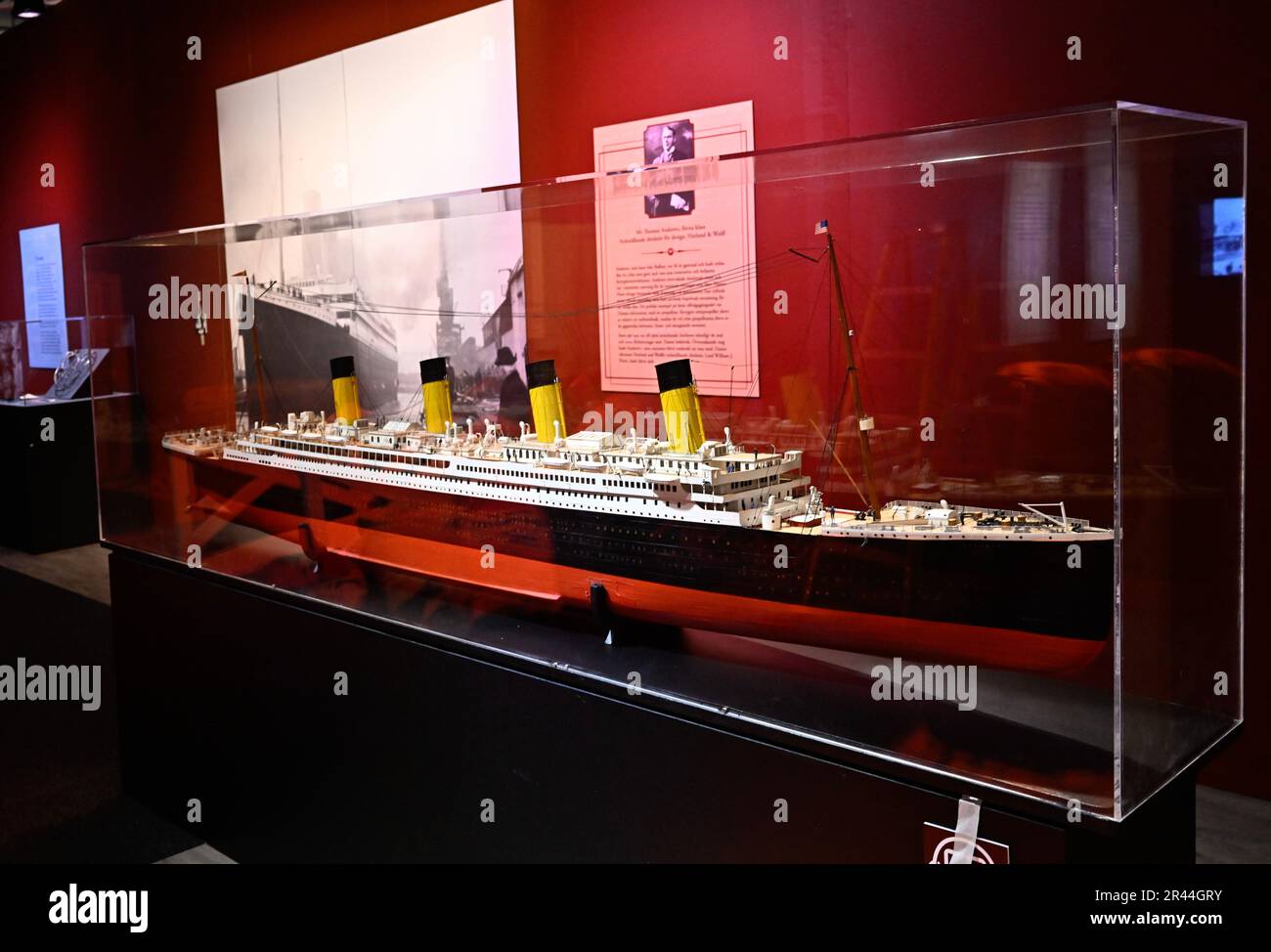 Linkoping, Svezia. 26 maggio 2023. La mostra mondiale Titanic: The Artifact Exhibition ha la sua prima edizione nordica a Tornby a Linköping il 27 maggio 2023. Dettagli di un modello Titanic. Foto: Jonas Ekströmer/TT/code 10030 Credit: TT News Agency/Alamy Live News Foto Stock