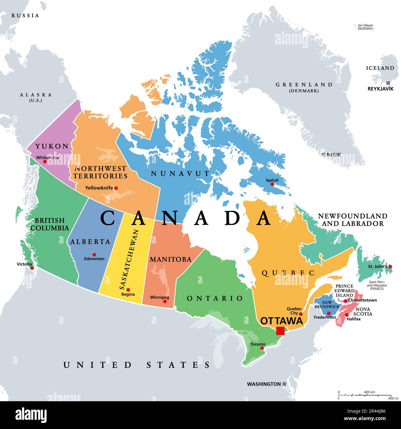 Canada, divisioni amministrative, mappa politica colorata. Dieci province e tre territori del Canada, con frontiere e capitali. Foto Stock