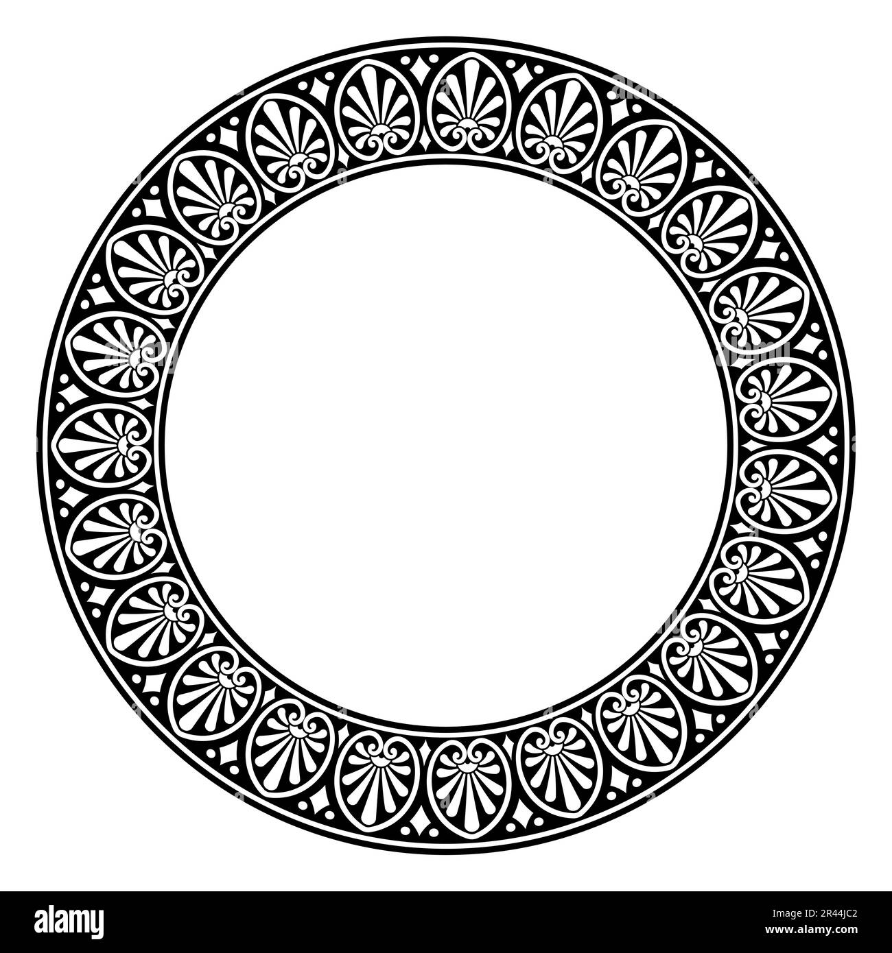 Fogliame tradizionale, cornice circolare con motivo greco classico. Bordo circolare decorativo, realizzato con un tradizionale motivo a foglia ripetuto. Foto Stock