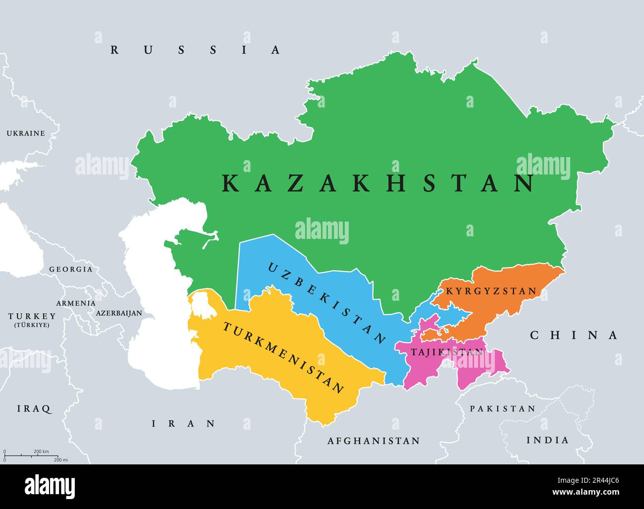 Asia centrale, o Asia centrale, mappa politica colorata. Regione dell'Asia dal Mar Caspio alla Cina occidentale, e dalla Russia all'Afghanistan. Foto Stock