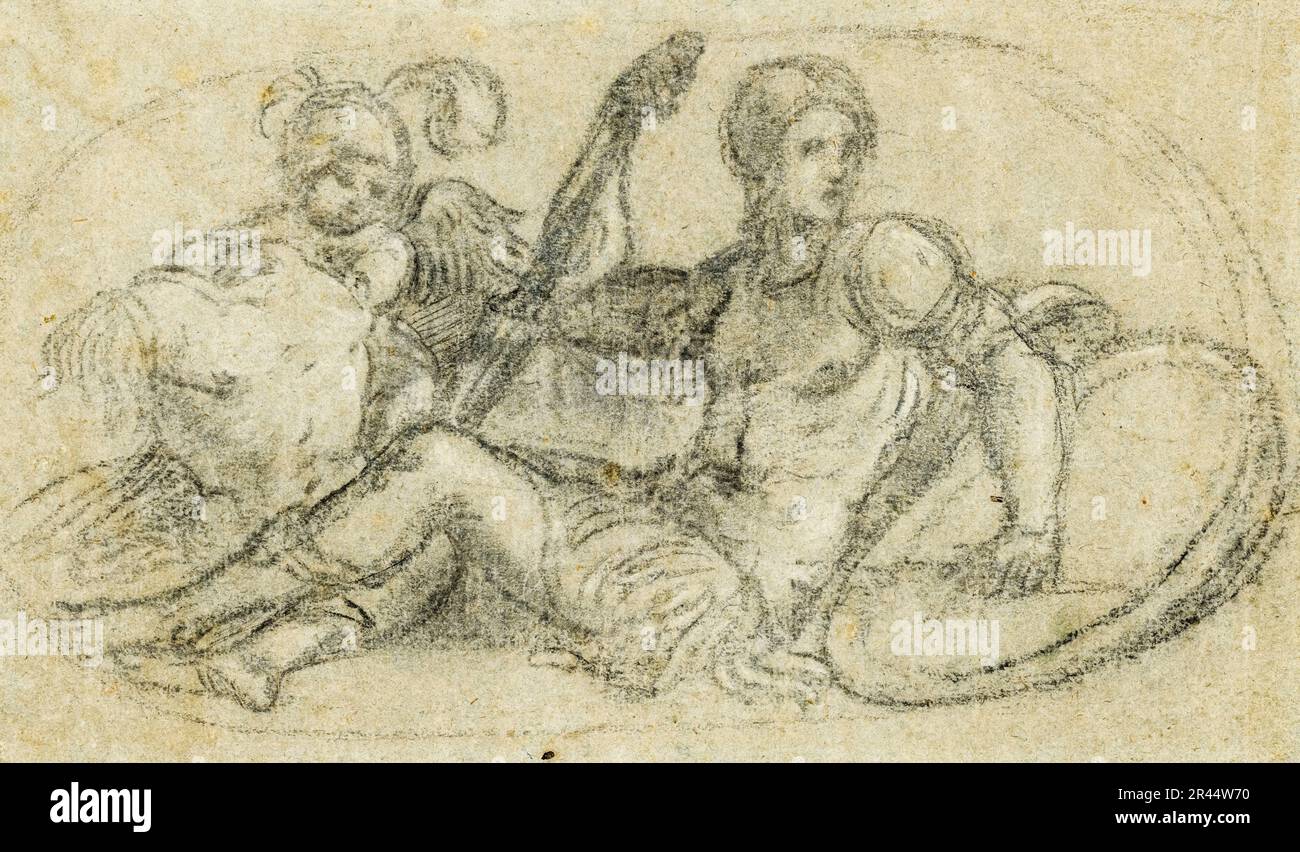 Paris Bordone, personaggio maschile seduto con putto e armatura, disegno 1550 Foto Stock