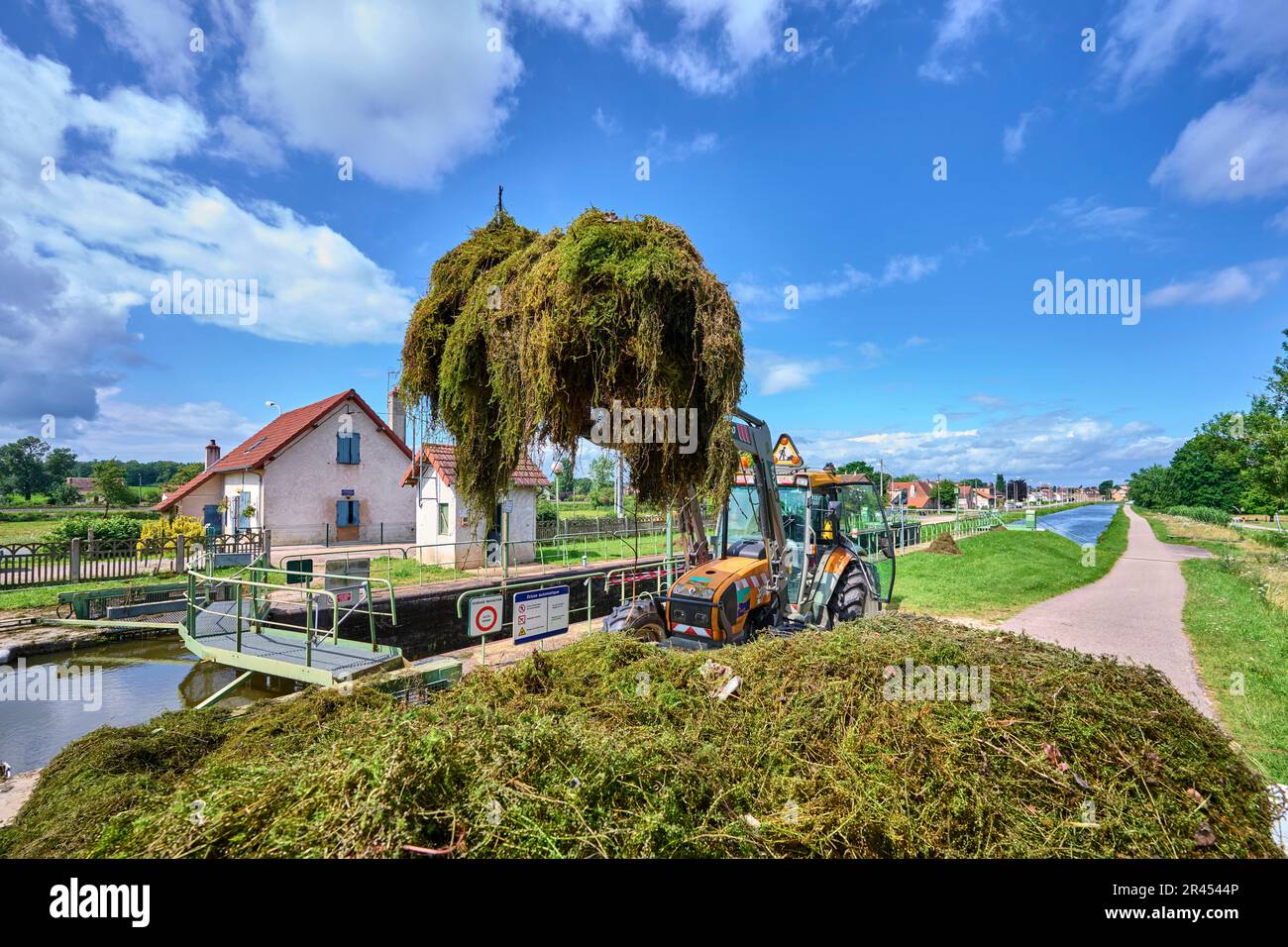 Pulizia impianti invasivi lungo il Canal du Centre: Taglio di alghe vicino a Paray-le-Monial, lavoratori di “VNF Voies navigables de France” acqua di pulizia Foto Stock