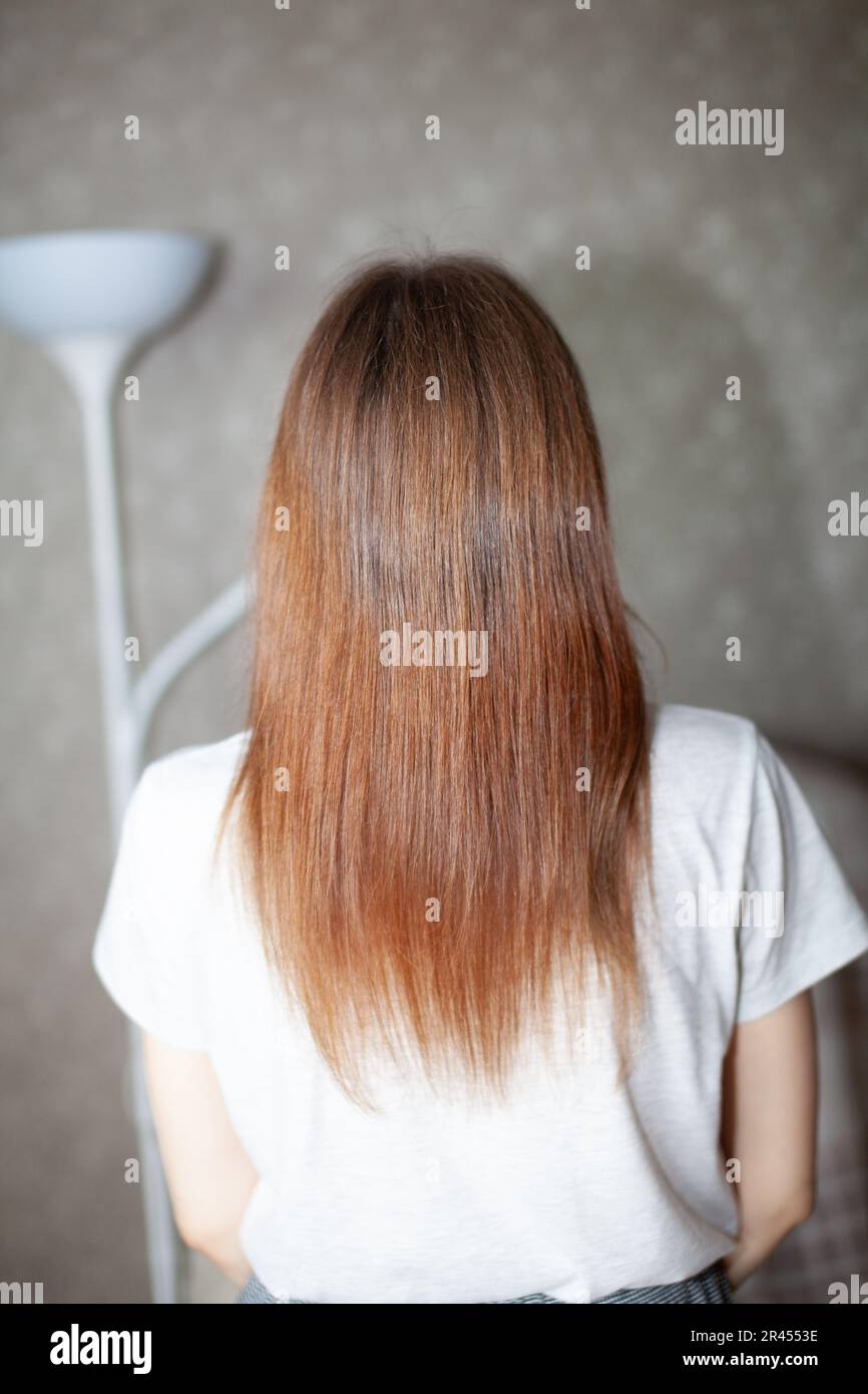 Una ragazza con capelli lunghi, lisci e belli di colore marrone. Cura dei capelli a casa. Ricrescita dei capelli dopo colorazione dei capelli con henné. Foto Stock