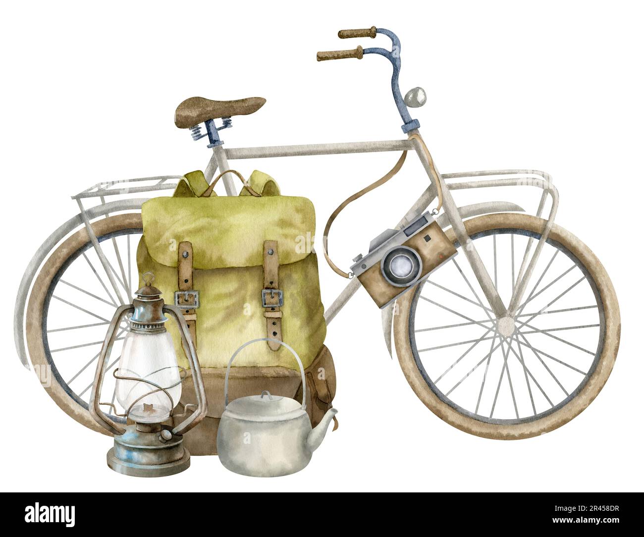 Bicicletta da viaggio con zaino e attrezzatura da avventura. Acquerello disegnato a mano illustrazione del ciclo di viaggio vecchio retro borsa e kerosene lanterna su sfondo bianco isolato. Disegno di escursioni vintage cose Foto Stock