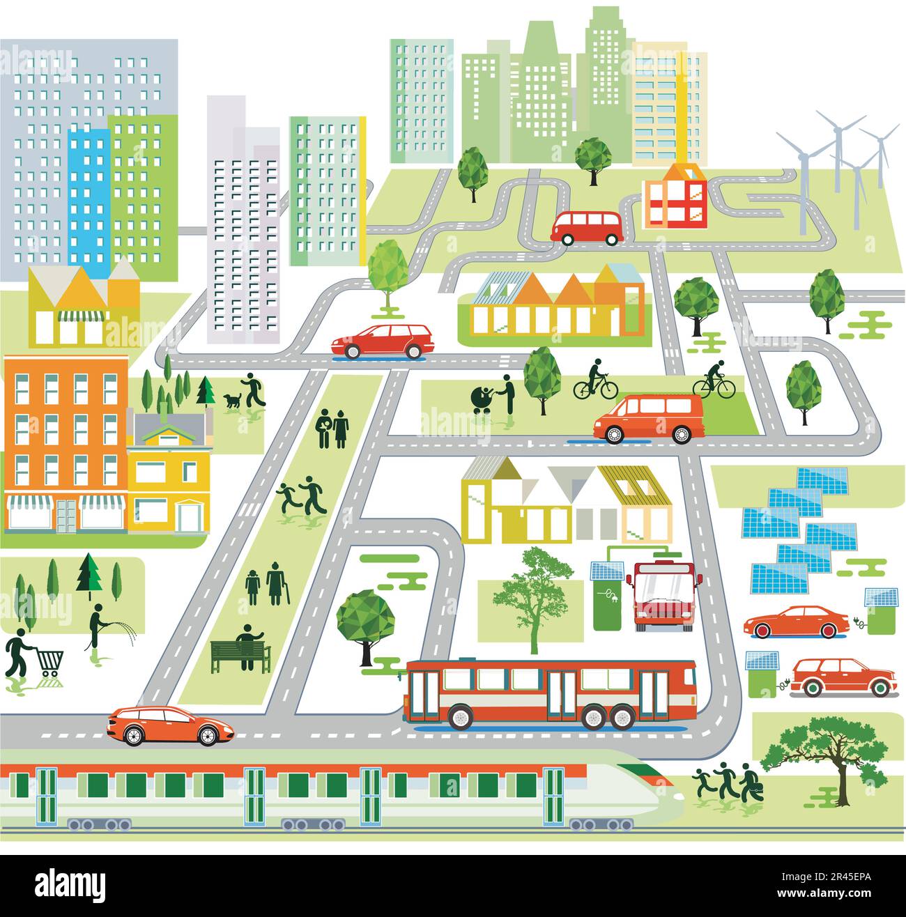 Mappa della città con il traffico e le case, illustrazione delle informazioni Illustrazione Vettoriale